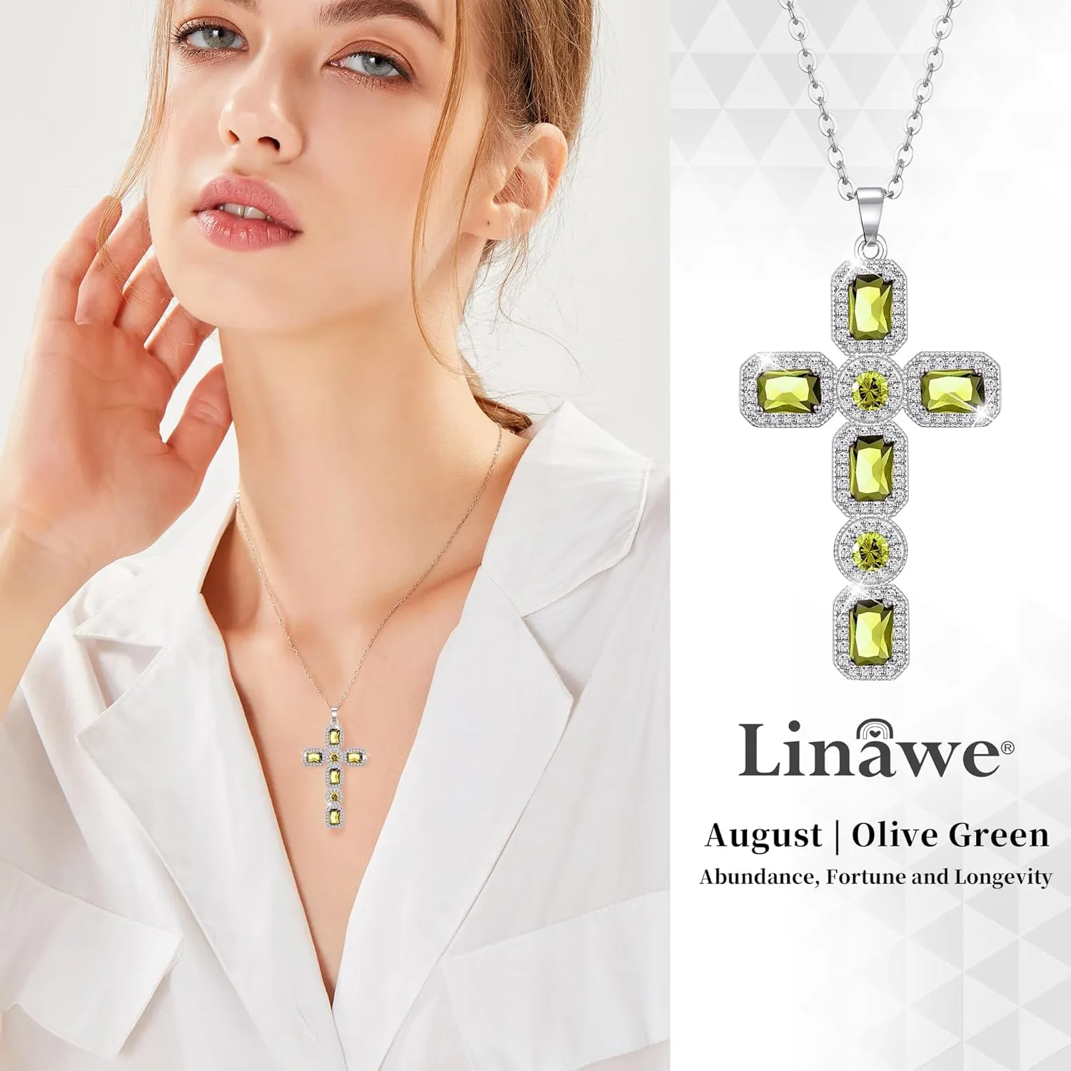 Linawe Cross Necklace for Women, Gold/Silver Jewelry Cross Charm Chain Necklaces, Moissanite Crystal Birthstone Cubic Zirconia Rhinestone Necklace, Religious Gifts