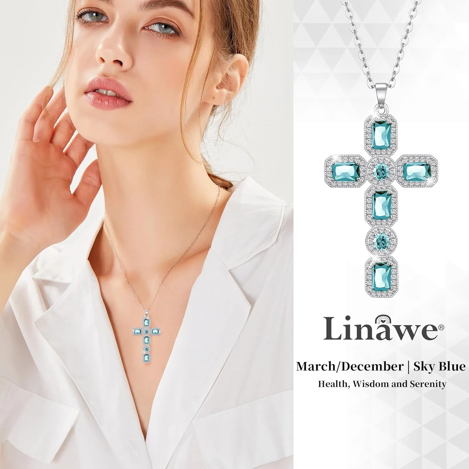 Linawe Cross Necklace for Women, Gold/Silver Jewelry Cross Charm Chain Necklaces, Moissanite Crystal Birthstone Cubic Zirconia Rhinestone Necklace, Religious Gifts