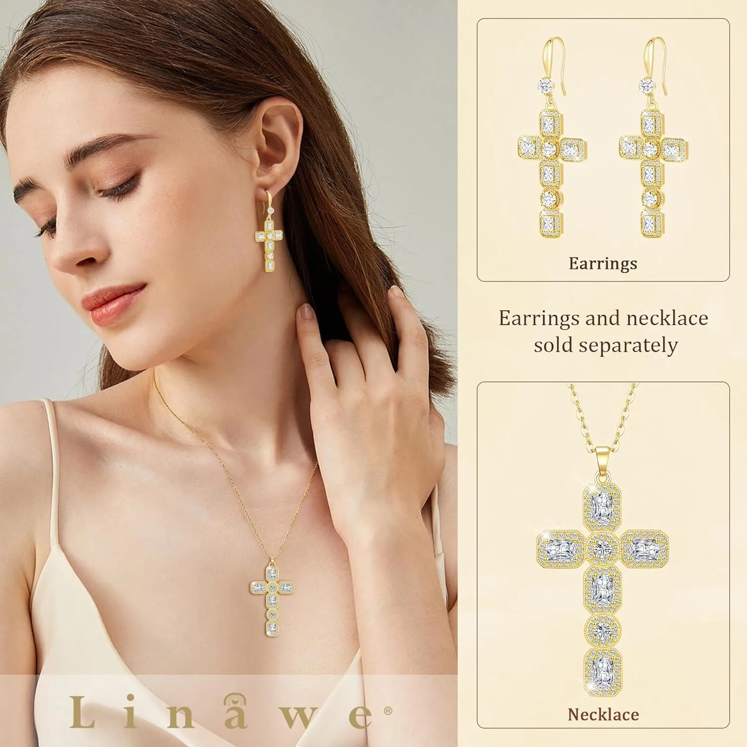 Linawe Cross Necklace for Women, Gold/Silver Jewelry Cross Charm Chain Necklaces, Moissanite Crystal Birthstone Cubic Zirconia Rhinestone Necklace, Religious Gifts