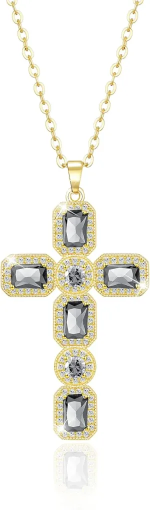 Linawe Cross Necklace for Women, Gold/Silver Jewelry Cross Charm Chain Necklaces, Moissanite Crystal Birthstone Cubic Zirconia Rhinestone Necklace, Religious Gifts