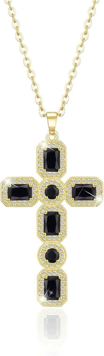 Linawe Cross Necklace for Women, Gold/Silver Jewelry Cross Charm Chain Necklaces, Moissanite Crystal Birthstone Cubic Zirconia Rhinestone Necklace, Religious Gifts