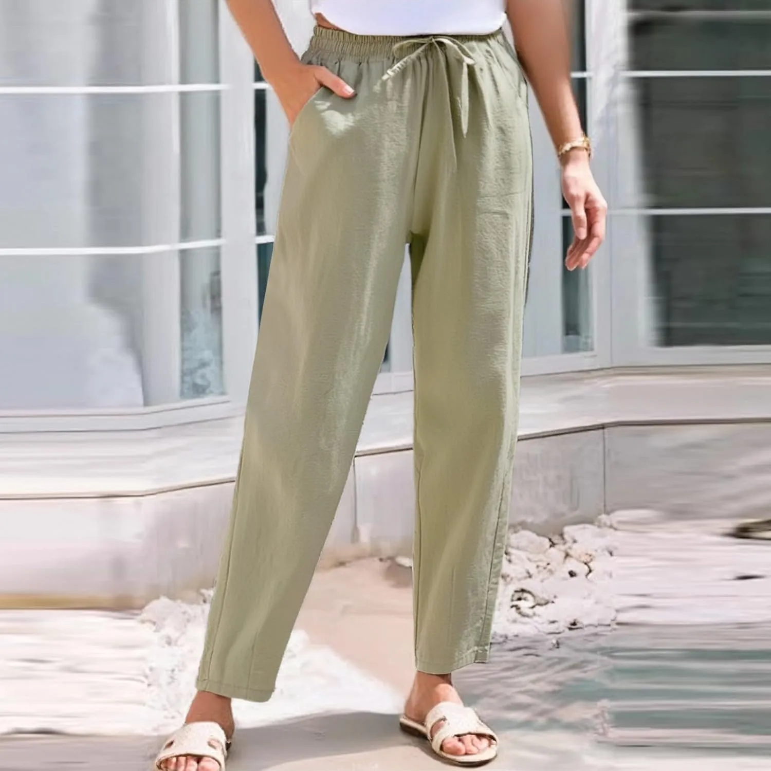 Linen Pants Women Wide Leg Palazzo Pants Lounge Pants with Pockets Drawstring High Elastic Waisted