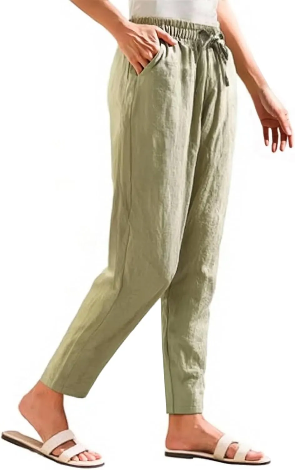 Linen Pants Women Wide Leg Palazzo Pants Lounge Pants with Pockets Drawstring High Elastic Waisted