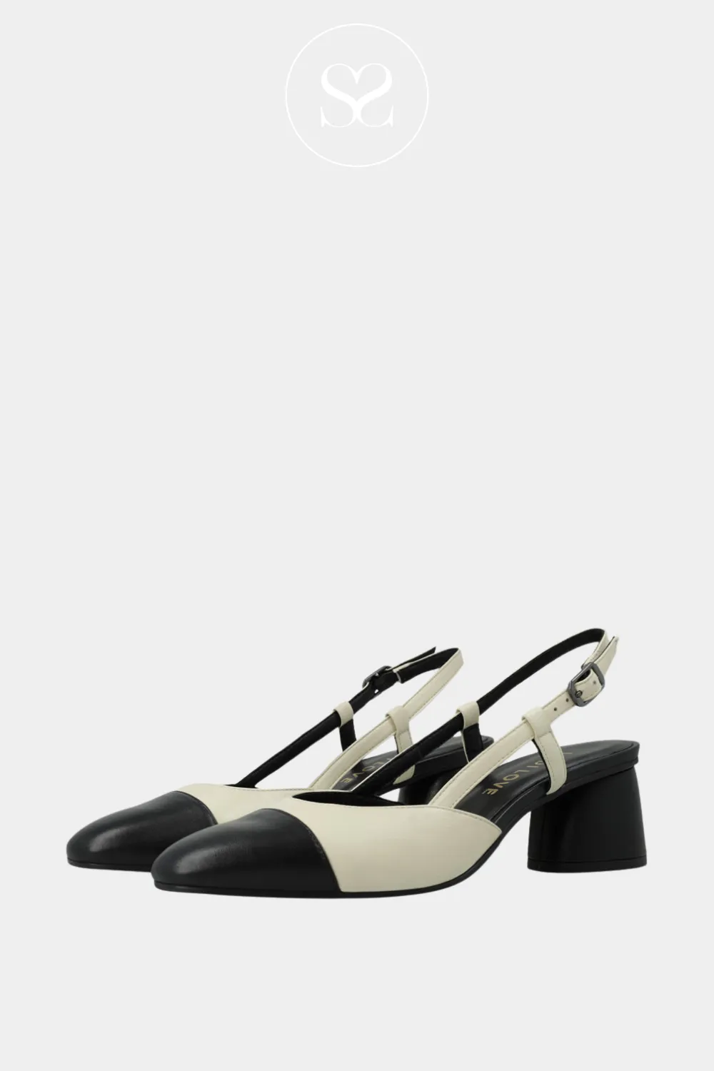 LODI ROL4343 - BLACK & CREAM LEATHER BLOCK HEEL SLINGBACK