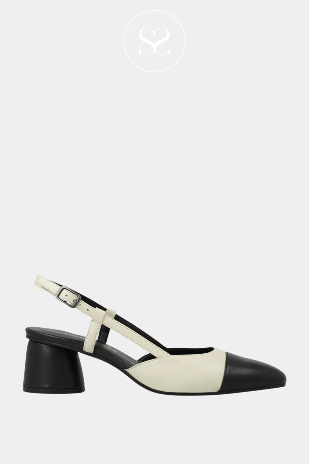 LODI ROL4343 - BLACK & CREAM LEATHER BLOCK HEEL SLINGBACK