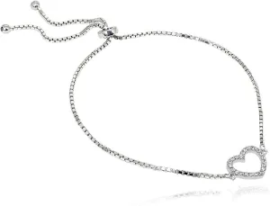 Lovve Sterling Silver Cubic Zirconia Polished Classic Heart Adjustable Bolo Bracelet for Women