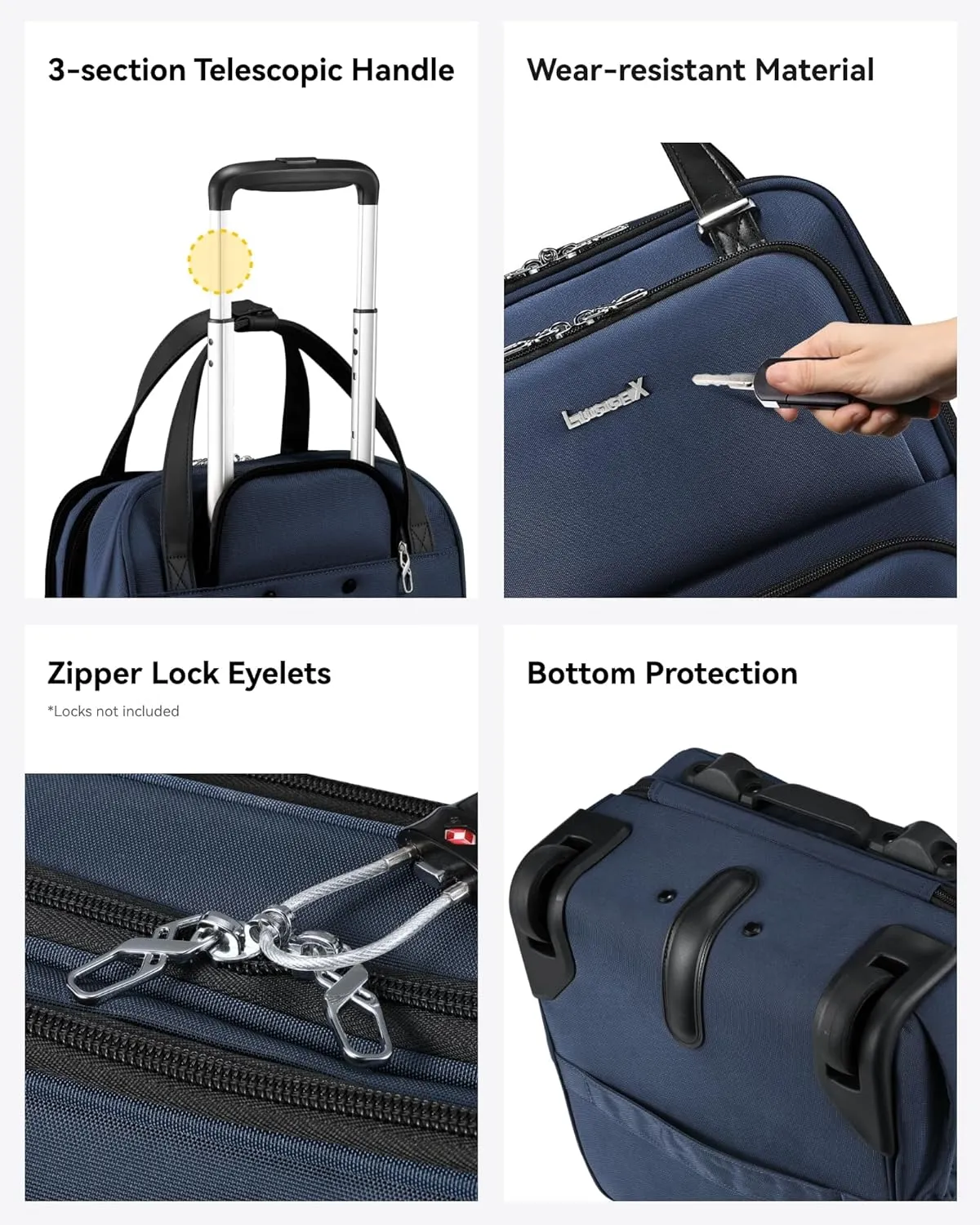 LUGGEX Underseat Carry On Luggage with Wheels, Lightweight Under Seat Luggage, Soft Sided Personal Item Suitcase (16 Inch, Blue)