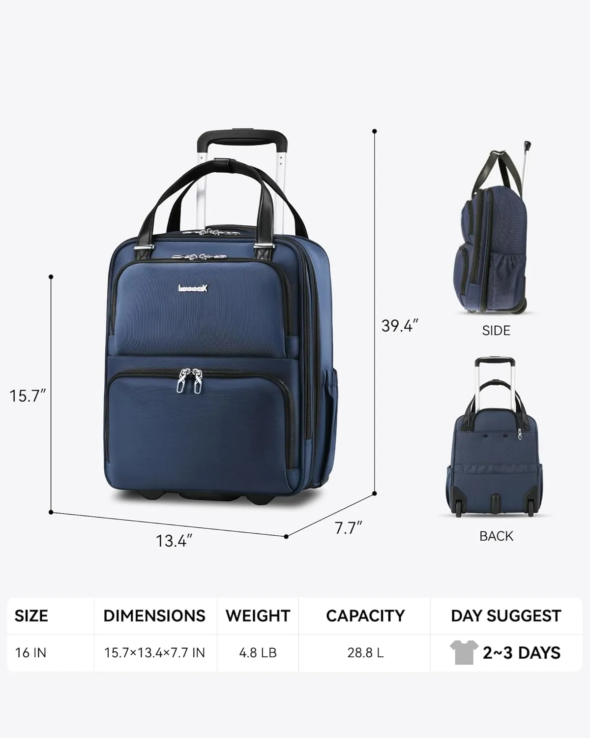 LUGGEX Underseat Carry On Luggage with Wheels, Lightweight Under Seat Luggage, Soft Sided Personal Item Suitcase (16 Inch, Blue)