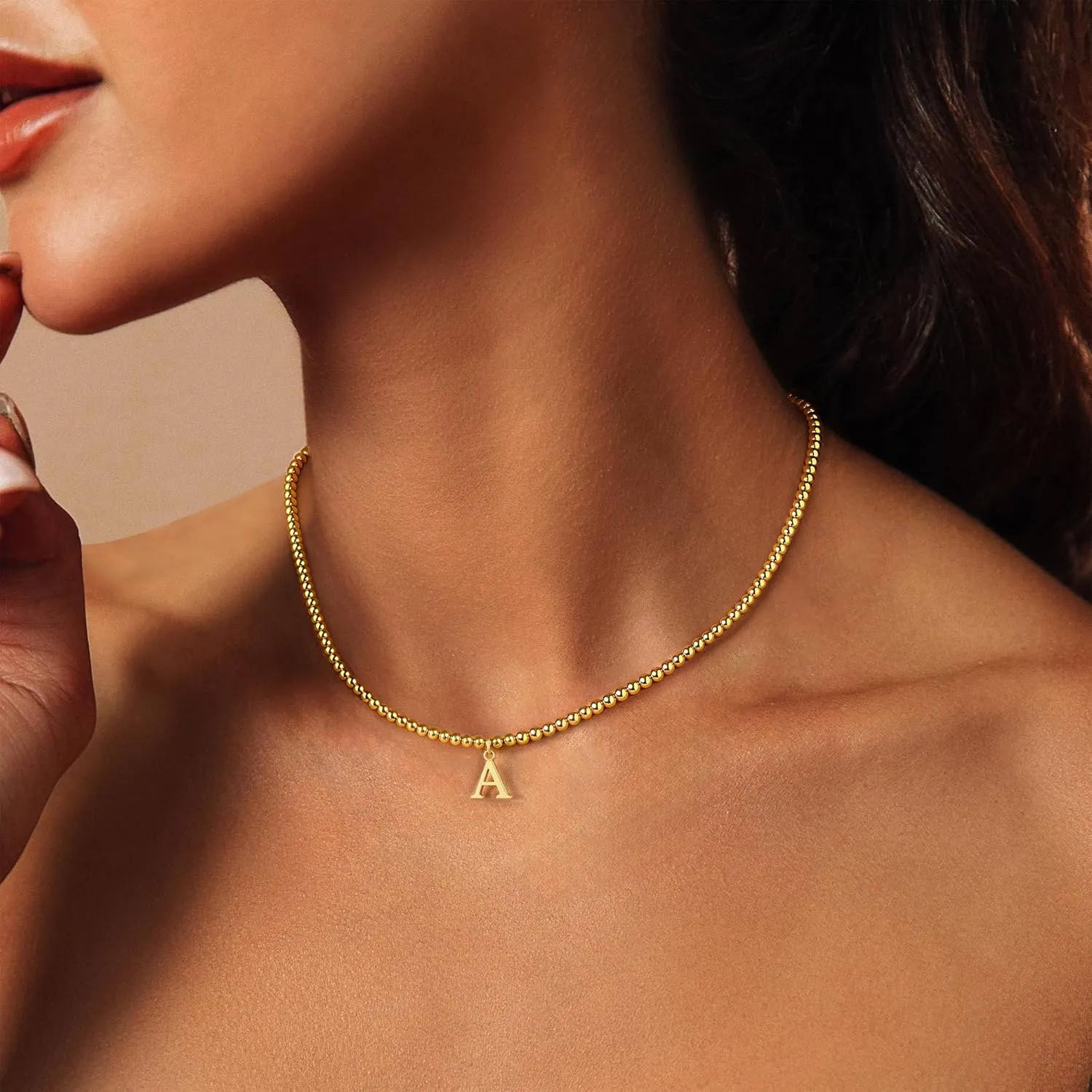 M MOOHAM Gold Beaded Initial Chain Choker Necklaces - 14K Gold Beaded Initial Necklace for Women Trendy Letter A-Z Dainty Choker Necklaces for Women, Tiny Small Jewelry Personalized Gifts