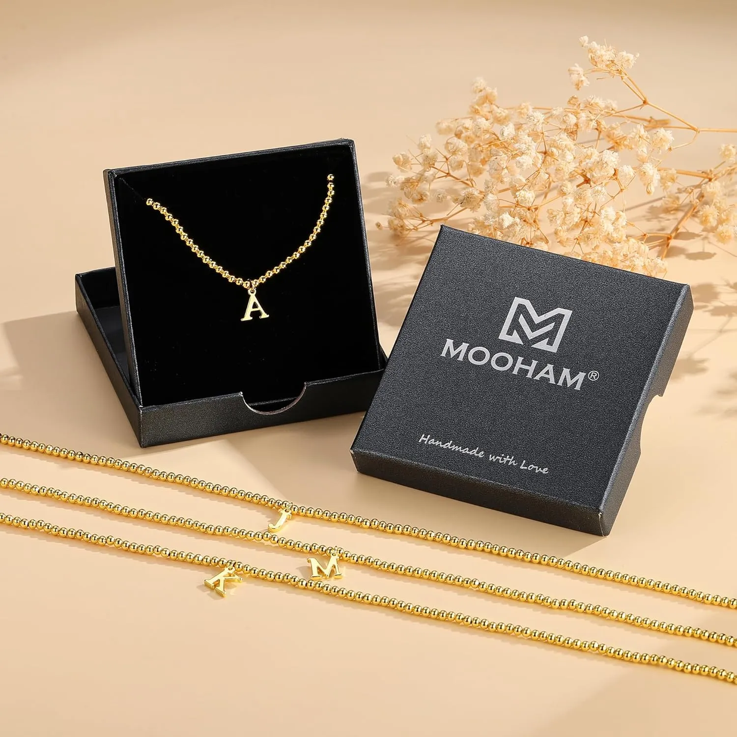 M MOOHAM Gold Beaded Initial Chain Choker Necklaces - 14K Gold Beaded Initial Necklace for Women Trendy Letter A-Z Dainty Choker Necklaces for Women, Tiny Small Jewelry Personalized Gifts