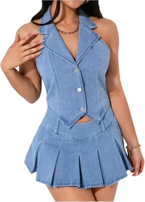 MakeMeChic Women's Denim Jacket Halter Open Back Button Down Sleeveless Y2k Jean Waistcoat