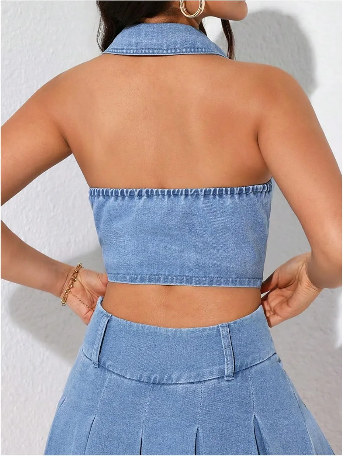 MakeMeChic Women's Denim Jacket Halter Open Back Button Down Sleeveless Y2k Jean Waistcoat