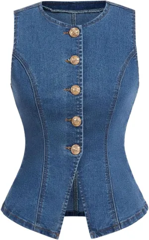 MakeMeChic Women's Summer Denim Jacket Button Down Sleeveless Jean Vest Top Waistcoat