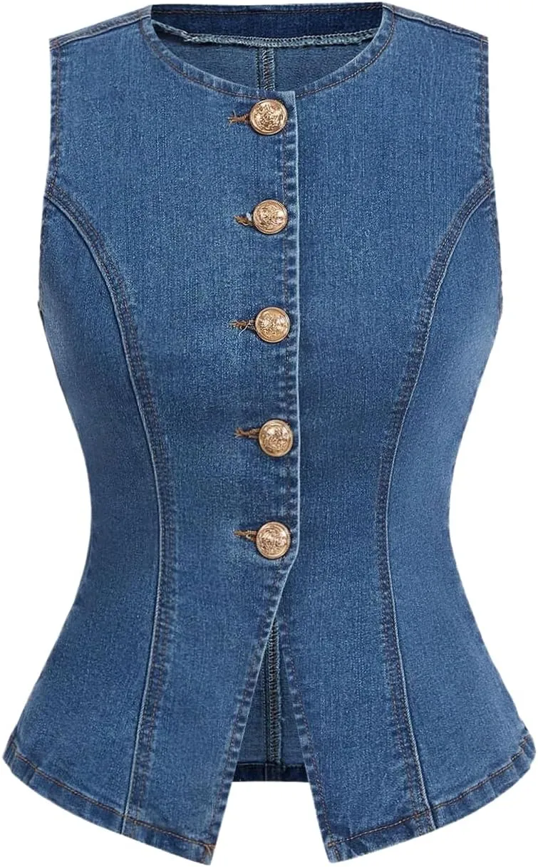 MakeMeChic Women's Summer Denim Jacket Button Down Sleeveless Jean Vest Top Waistcoat