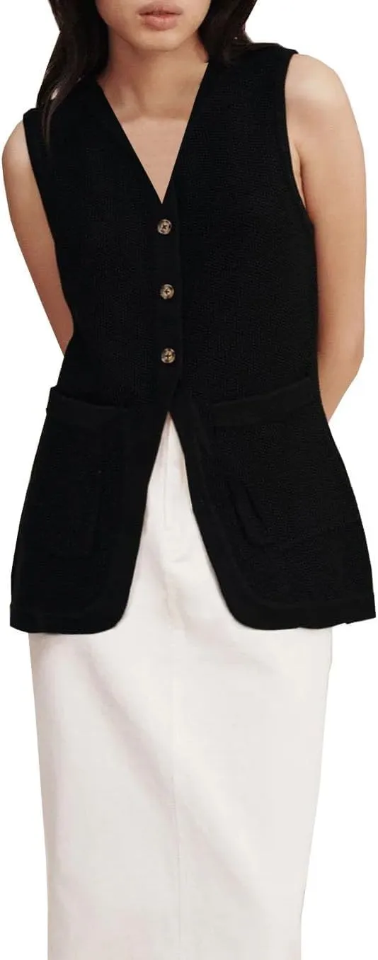 Melliflo Womens Summer Long Linen Vest Casual Sleeveless V Neck Button Down Tops Casual Summer Vest with Pocket