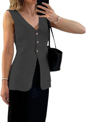Melliflo Womens Summer Long Linen Vest Casual Sleeveless V Neck Button Down Tops Casual Summer Vest with Pocket
