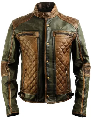 Men Olive Green Brown Genuine Sheepskin Stand Collar Diamond Quilted Zip-up Button-down Biker Moto Leather Jacket.