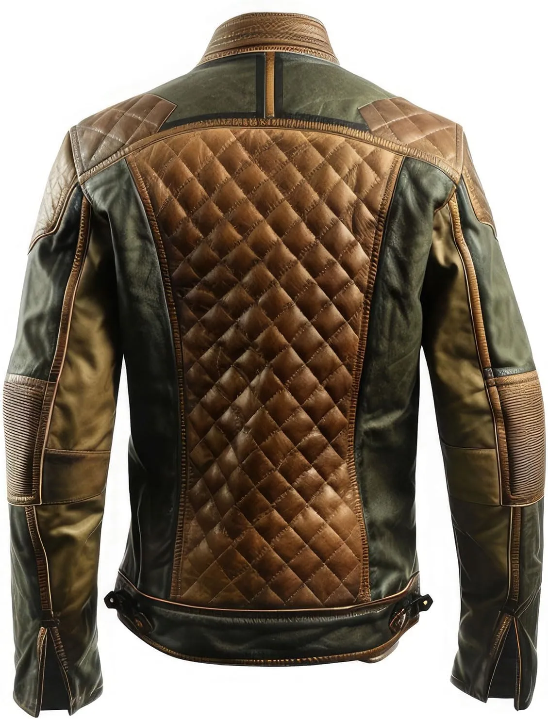 Men Olive Green Brown Genuine Sheepskin Stand Collar Diamond Quilted Zip-up Button-down Biker Moto Leather Jacket.