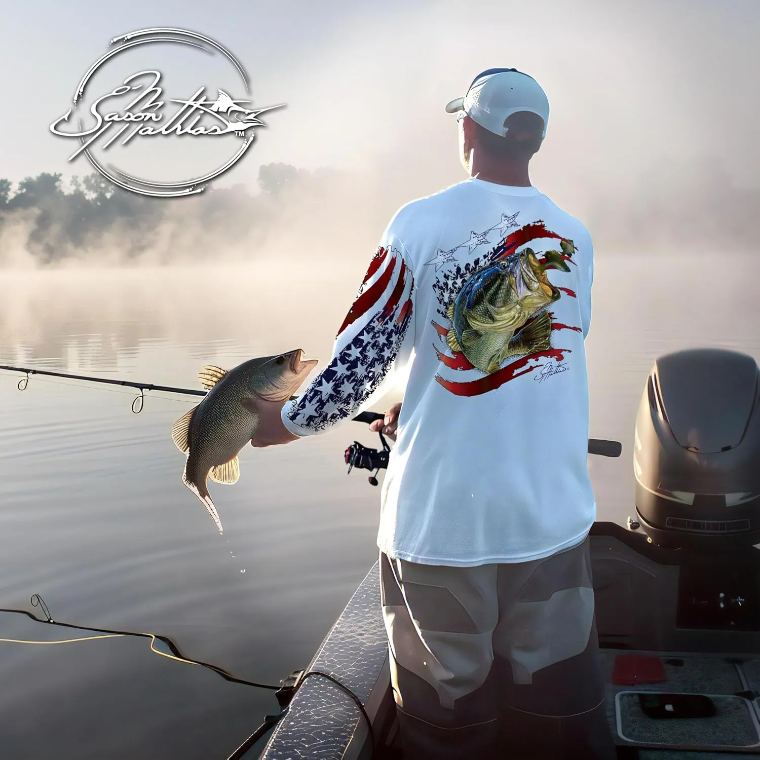 Mens American Flag Bass Comfortable Fishing Shirt-UPF 50  Interlocking Fabric, Quick-Dry, Ideal for Anglers (JM016)
