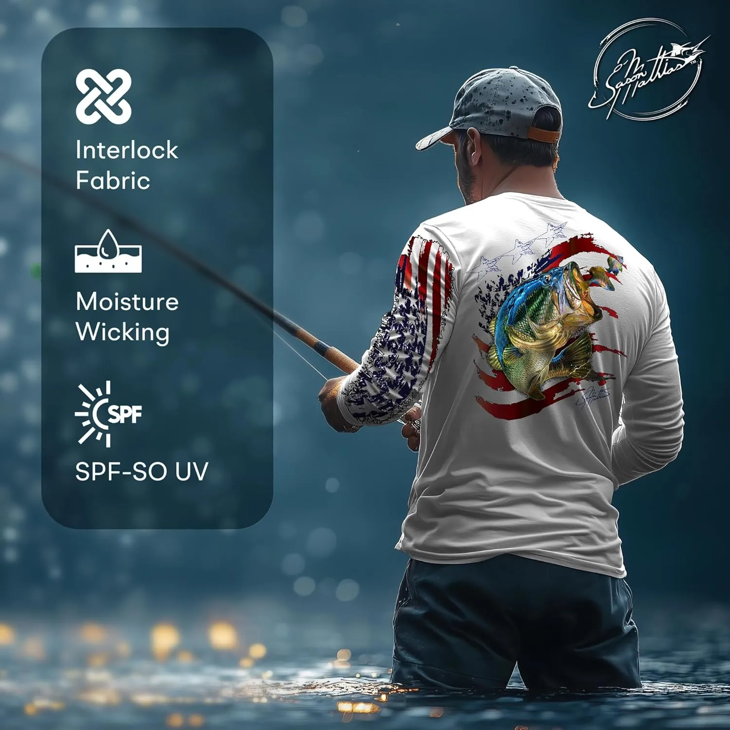 Mens American Flag Bass Comfortable Fishing Shirt-UPF 50  Interlocking Fabric, Quick-Dry, Ideal for Anglers (JM016)