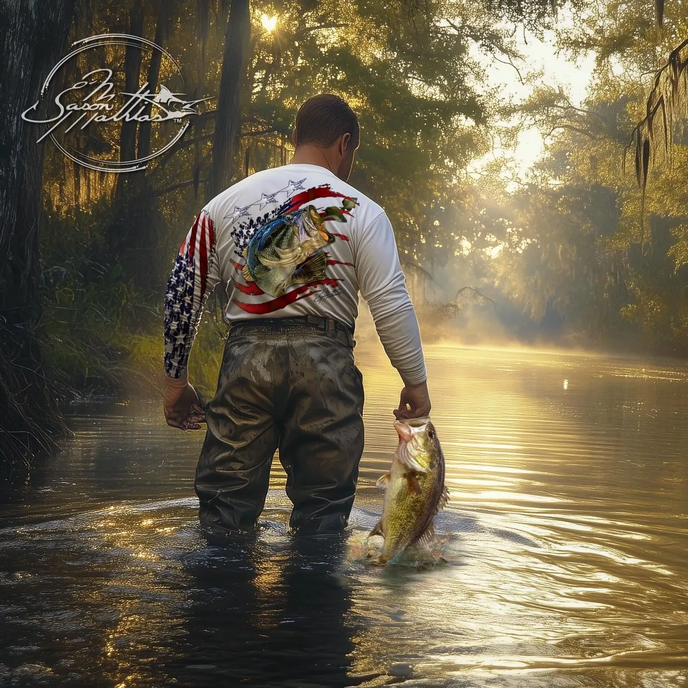 Mens American Flag Bass Comfortable Fishing Shirt-UPF 50  Interlocking Fabric, Quick-Dry, Ideal for Anglers (JM016)
