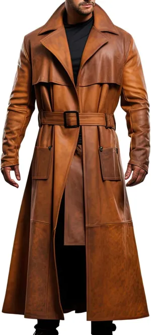 Mens Distressed Peanut Brown Genuine Sheepskin Long Slim Fit Vintage Classic Duster Leather Coat