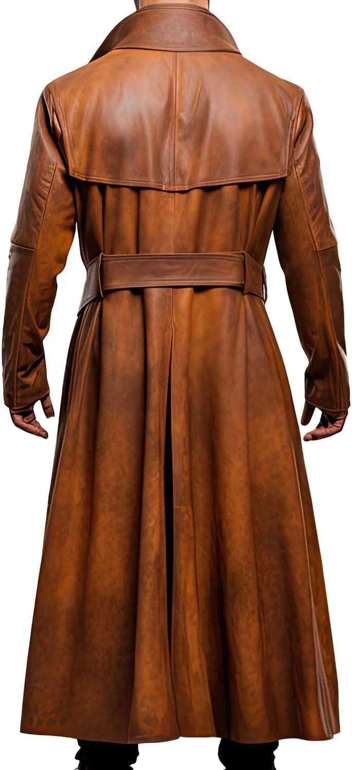 Mens Distressed Peanut Brown Genuine Sheepskin Long Slim Fit Vintage Classic Duster Leather Coat