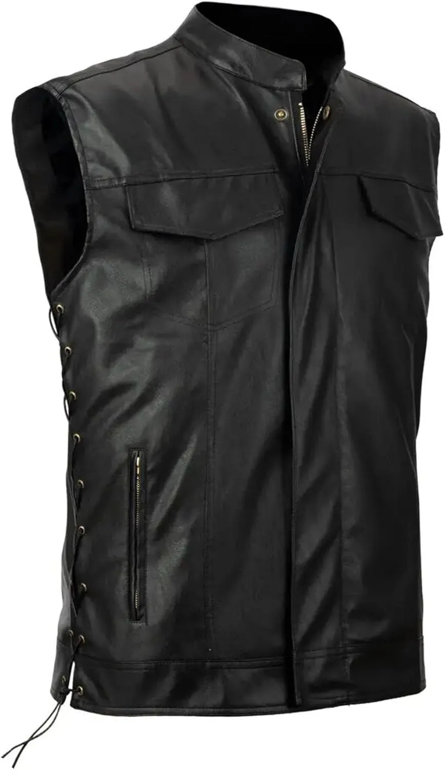 Men`s Faux Leather Vest Adjustable Lace Up Sides Motorcycle Biker Sleeveless Jacket Waistcoat