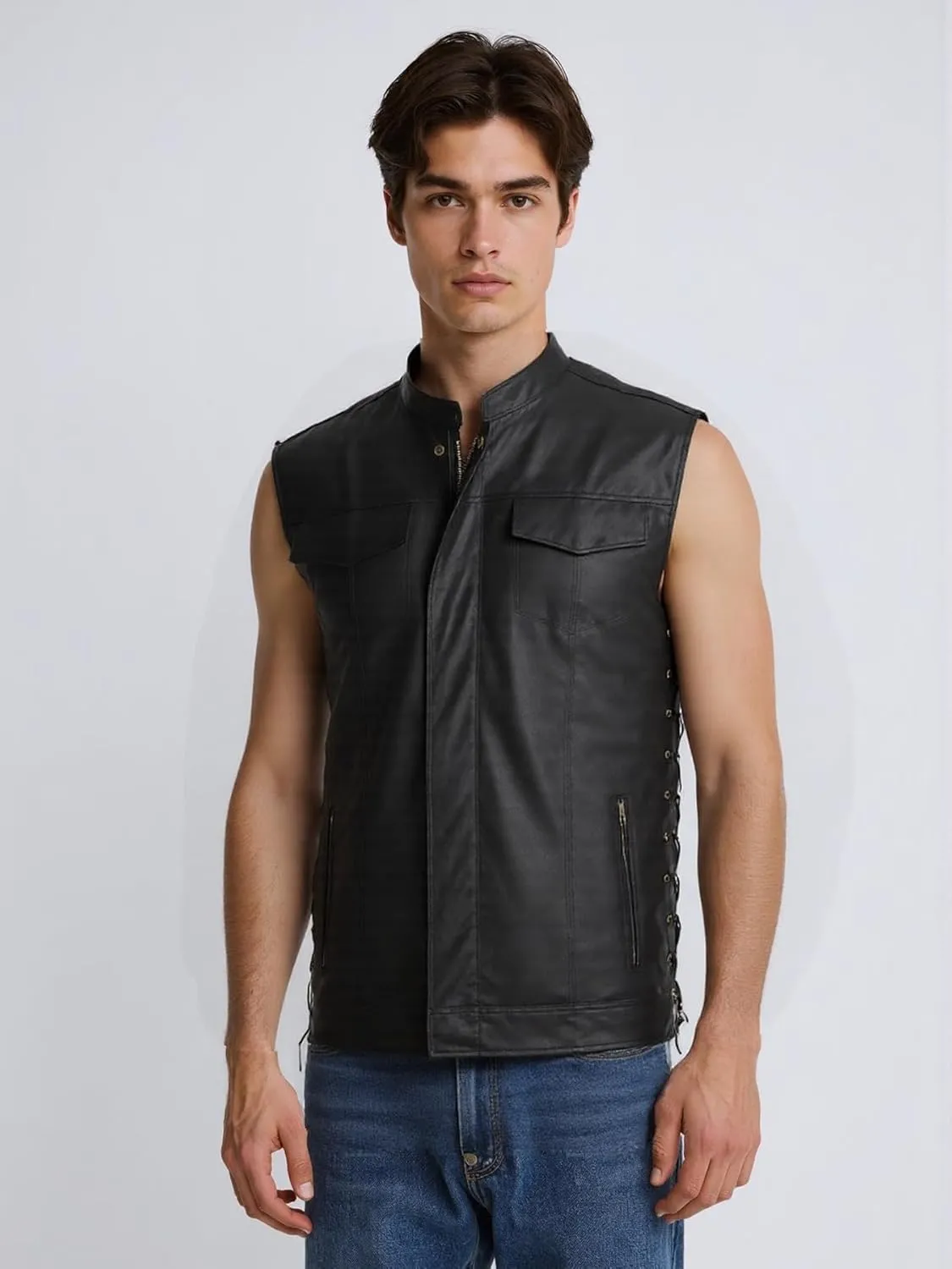 Men`s Faux Leather Vest Adjustable Lace Up Sides Motorcycle Biker Sleeveless Jacket Waistcoat