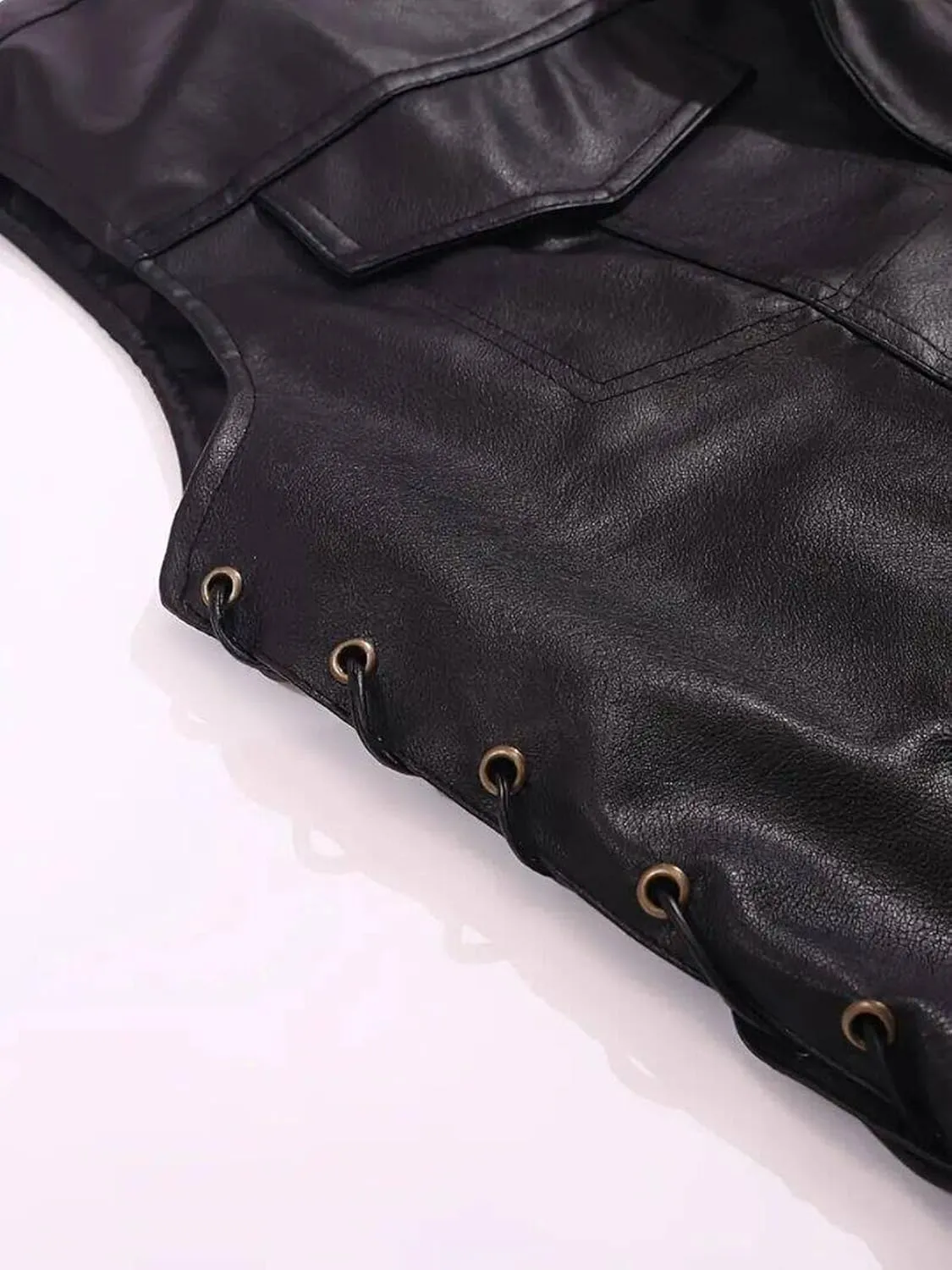 Men`s Faux Leather Vest Adjustable Lace Up Sides Motorcycle Biker Sleeveless Jacket Waistcoat