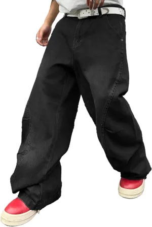 Men's Irregular Sutures Y2k Hip Hop Baggy Jeans Wide Leg Denim Pants Casual Loose Fit Trousers Streetwear