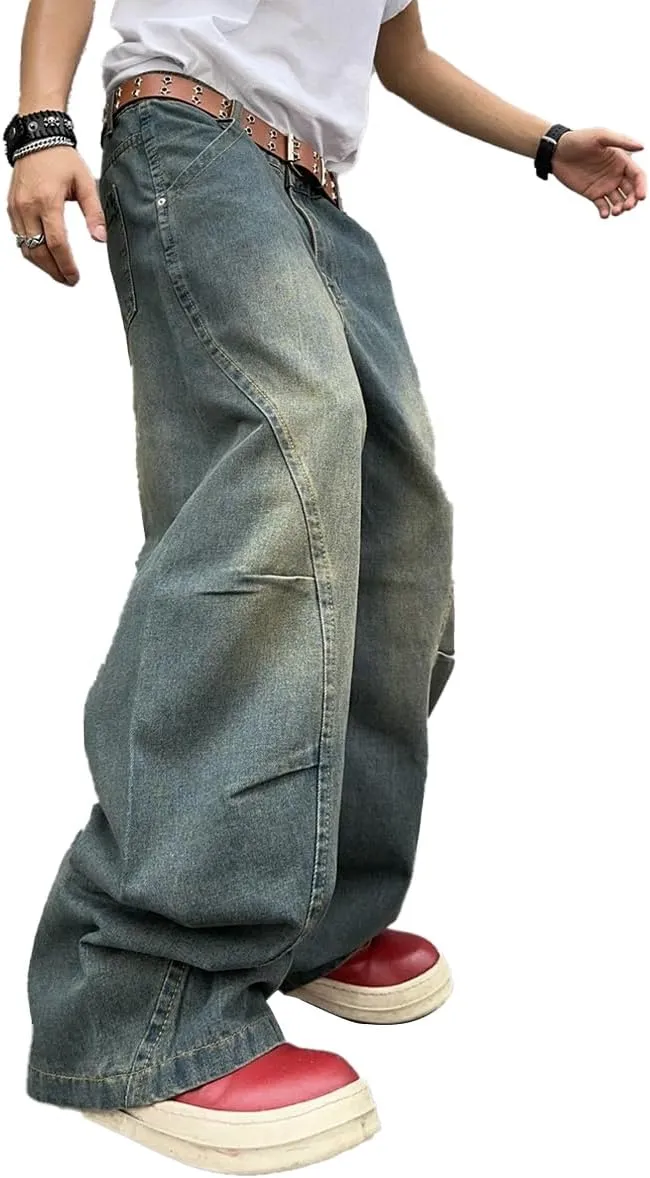 Men's Irregular Sutures Y2k Hip Hop Baggy Jeans Wide Leg Denim Pants Casual Loose Fit Trousers Streetwear