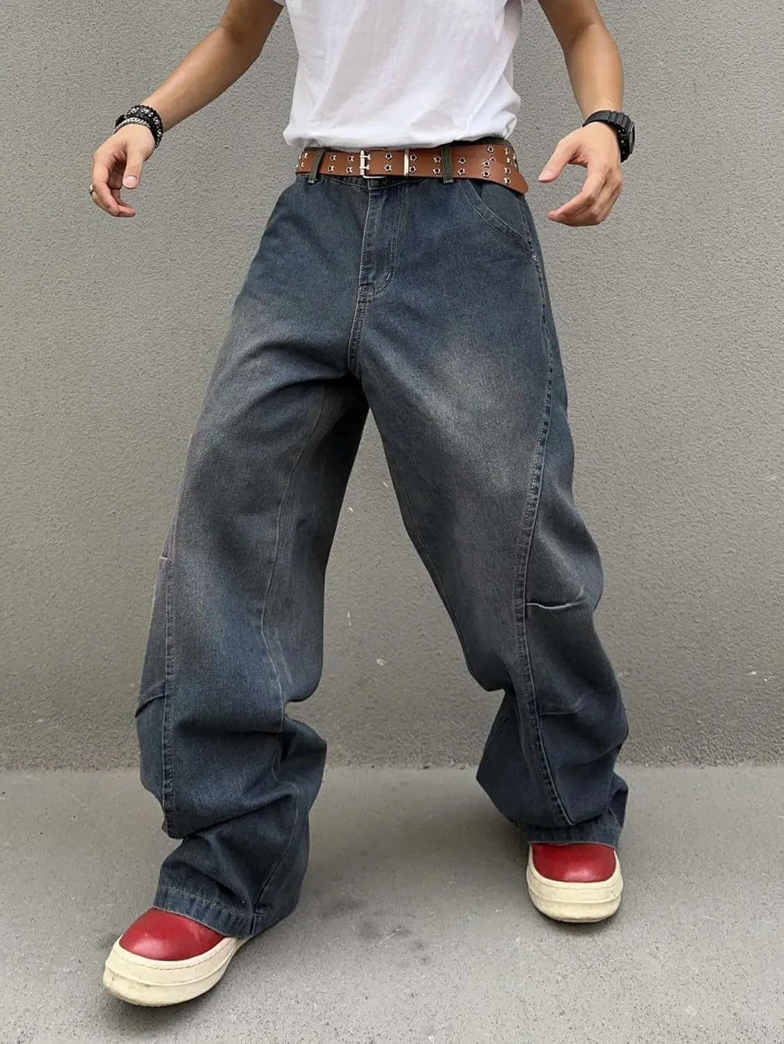 Men's Irregular Sutures Y2k Hip Hop Baggy Jeans Wide Leg Denim Pants Casual Loose Fit Trousers Streetwear