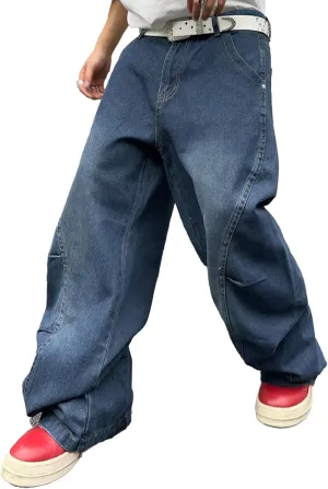 Men's Irregular Sutures Y2k Hip Hop Baggy Jeans Wide Leg Denim Pants Casual Loose Fit Trousers Streetwear