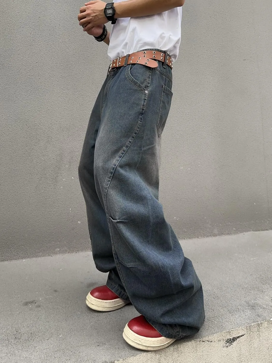 Men's Irregular Sutures Y2k Hip Hop Baggy Jeans Wide Leg Denim Pants Casual Loose Fit Trousers Streetwear