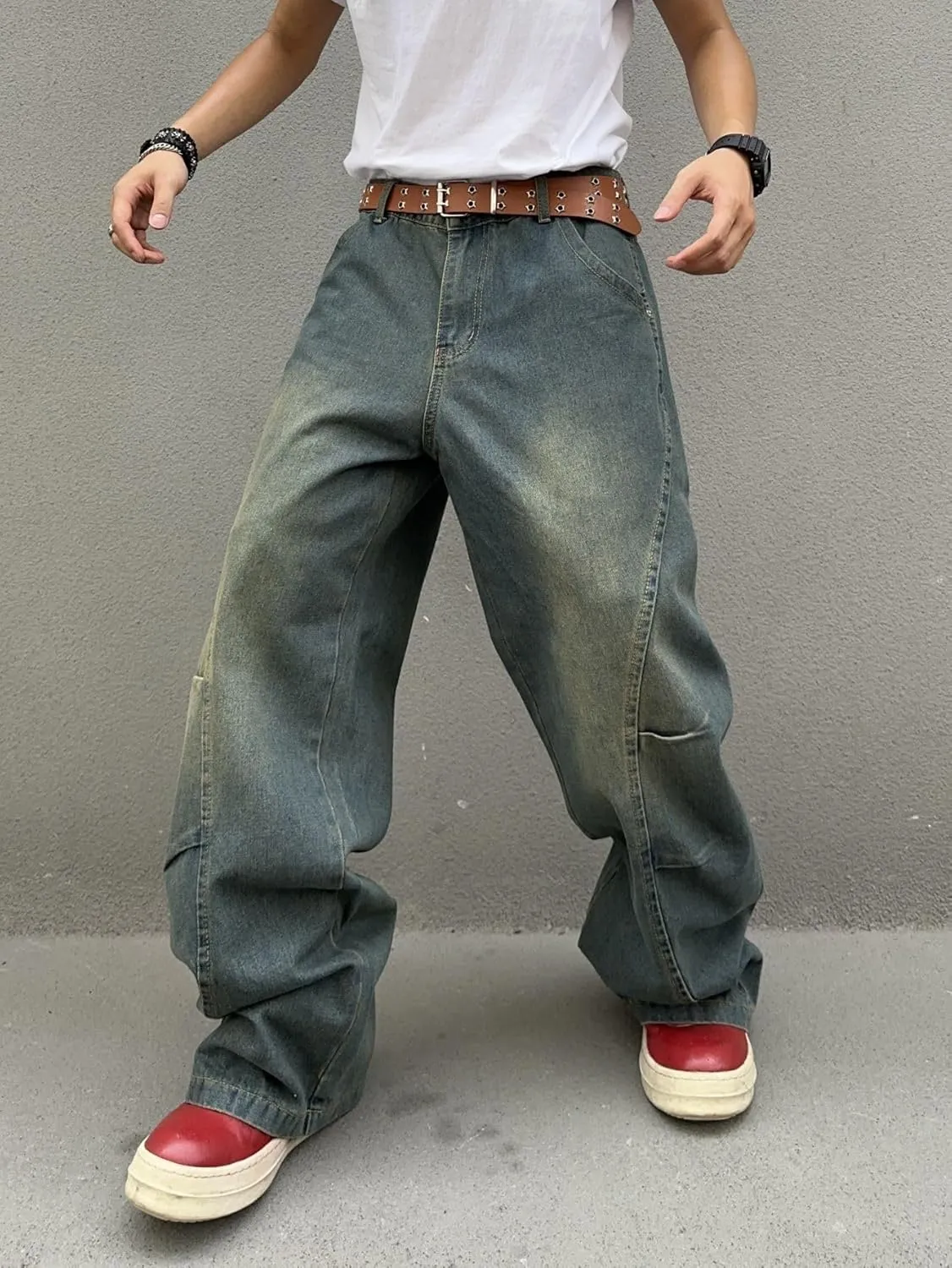 Men's Irregular Sutures Y2k Hip Hop Baggy Jeans Wide Leg Denim Pants Casual Loose Fit Trousers Streetwear
