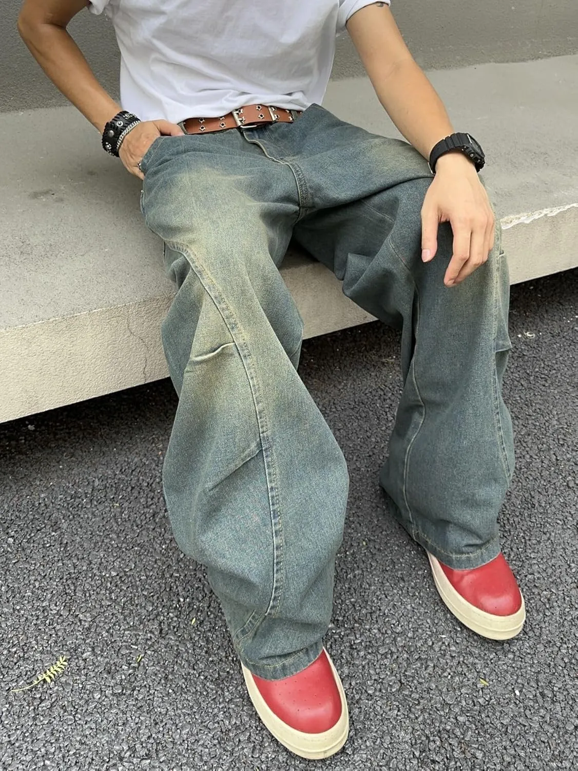 Men's Irregular Sutures Y2k Hip Hop Baggy Jeans Wide Leg Denim Pants Casual Loose Fit Trousers Streetwear