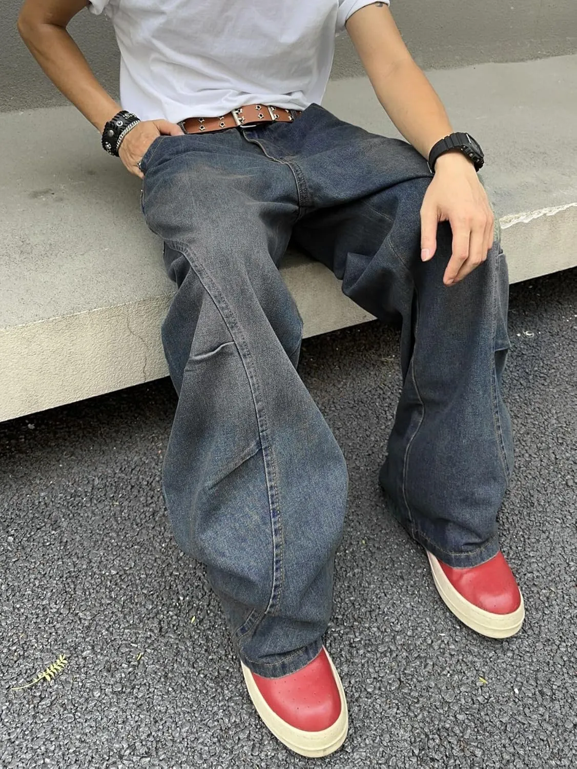 Men's Irregular Sutures Y2k Hip Hop Baggy Jeans Wide Leg Denim Pants Casual Loose Fit Trousers Streetwear