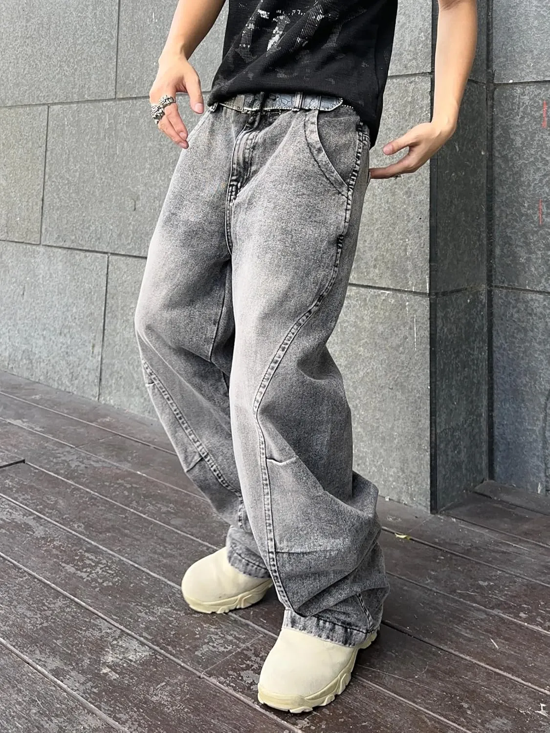 Men's Irregular Sutures Y2k Hip Hop Baggy Jeans Wide Leg Denim Pants Casual Loose Fit Trousers Streetwear
