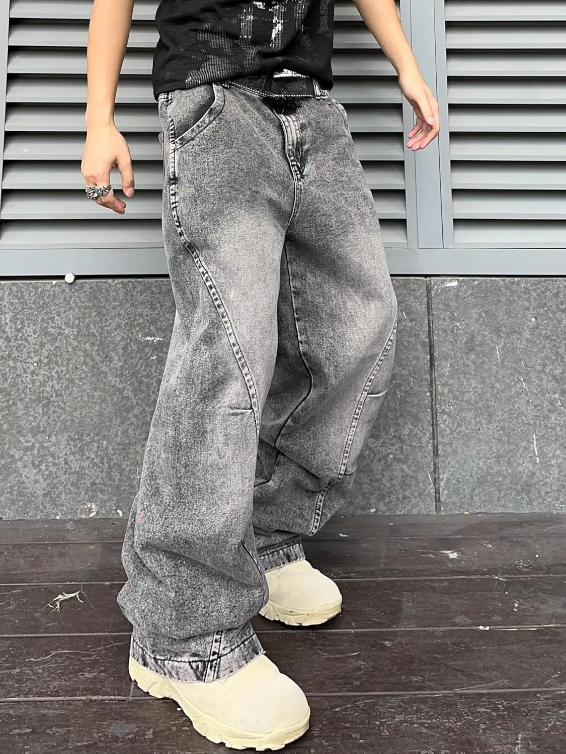 Men's Irregular Sutures Y2k Hip Hop Baggy Jeans Wide Leg Denim Pants Casual Loose Fit Trousers Streetwear