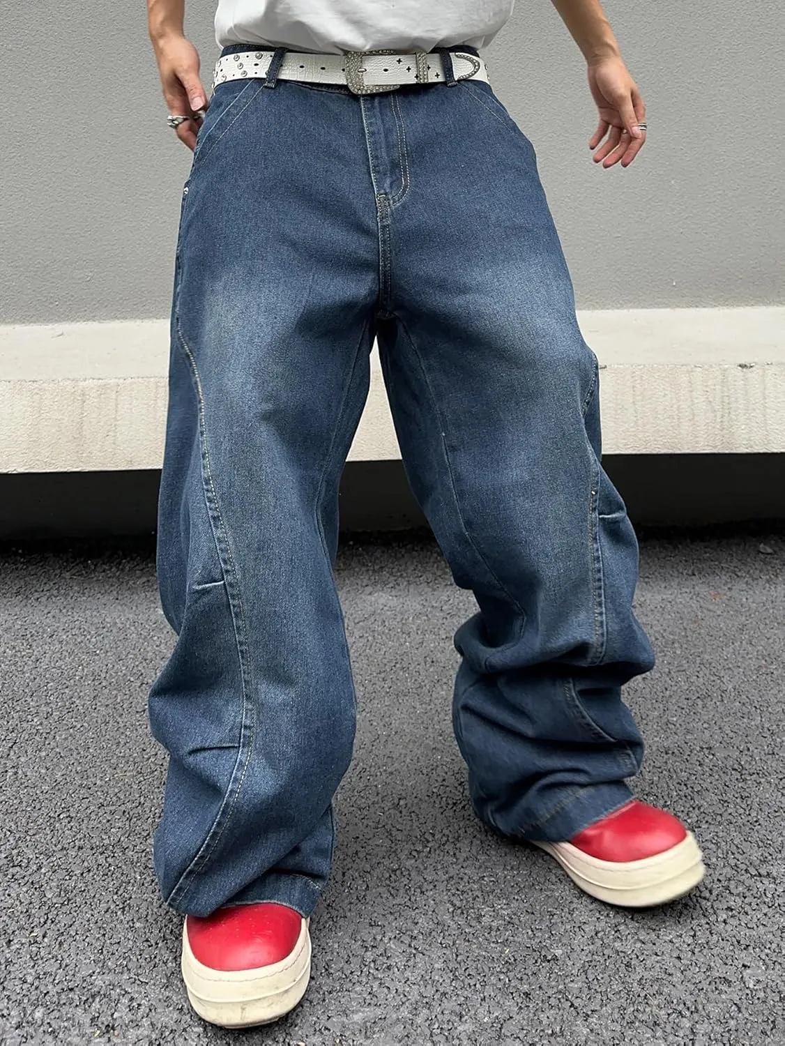Men's Irregular Sutures Y2k Hip Hop Baggy Jeans Wide Leg Denim Pants Casual Loose Fit Trousers Streetwear
