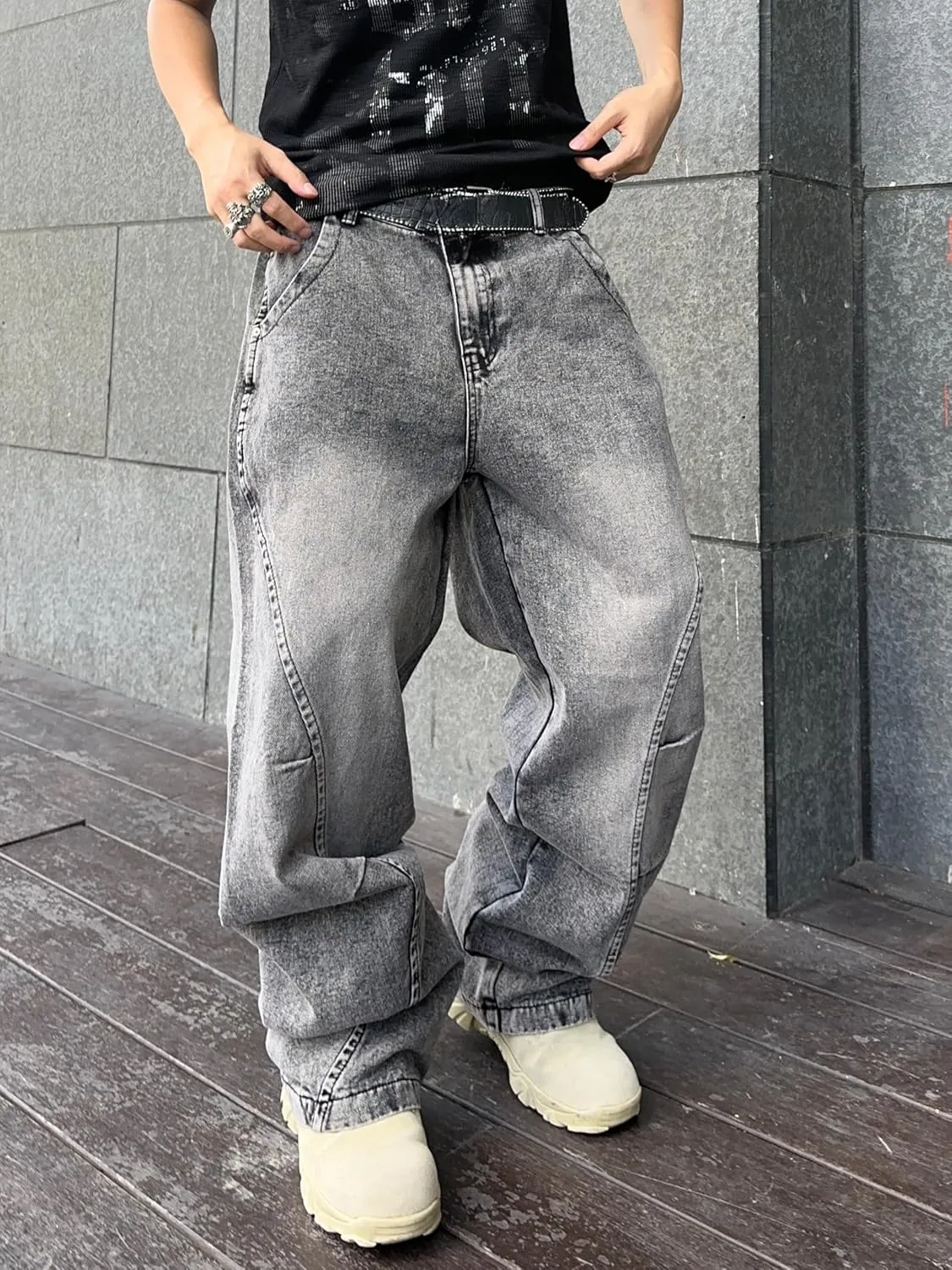 Men's Irregular Sutures Y2k Hip Hop Baggy Jeans Wide Leg Denim Pants Casual Loose Fit Trousers Streetwear