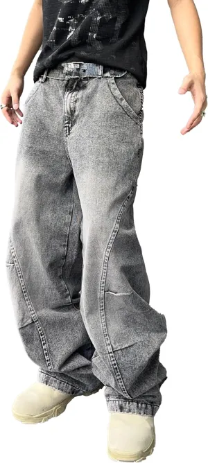 Men's Irregular Sutures Y2k Hip Hop Baggy Jeans Wide Leg Denim Pants Casual Loose Fit Trousers Streetwear