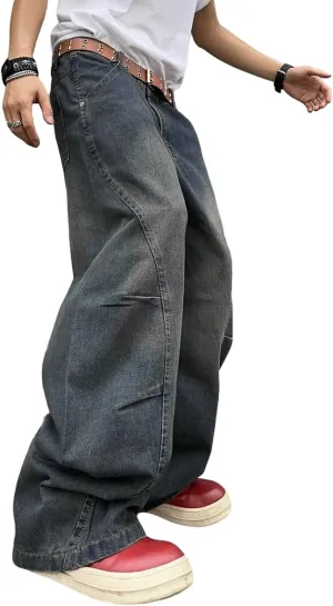 Men's Irregular Sutures Y2k Hip Hop Baggy Jeans Wide Leg Denim Pants Casual Loose Fit Trousers Streetwear