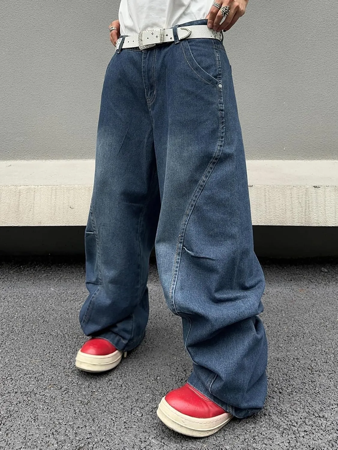 Men's Irregular Sutures Y2k Hip Hop Baggy Jeans Wide Leg Denim Pants Casual Loose Fit Trousers Streetwear