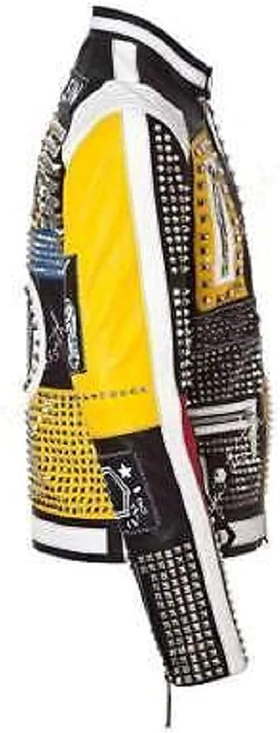 Men's Spiked Biker Jacket in Multicolor Cowhide Leather with Punk Rock Vibes