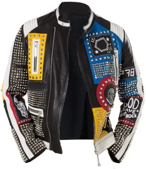 Men's Spiked Biker Jacket in Multicolor Cowhide Leather with Punk Rock Vibes