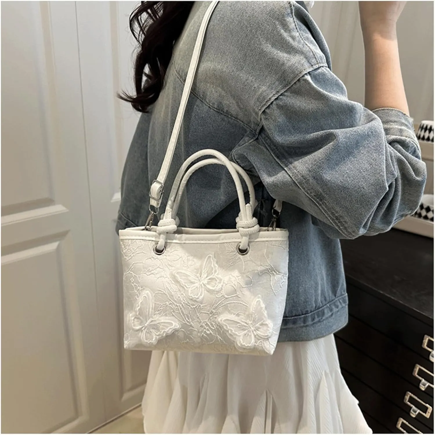 Mini Bucket Bag Embroidery Bucket Purse Vintage Purse Bag Shoulder Crossbody Handbag with Butterfly Knotted