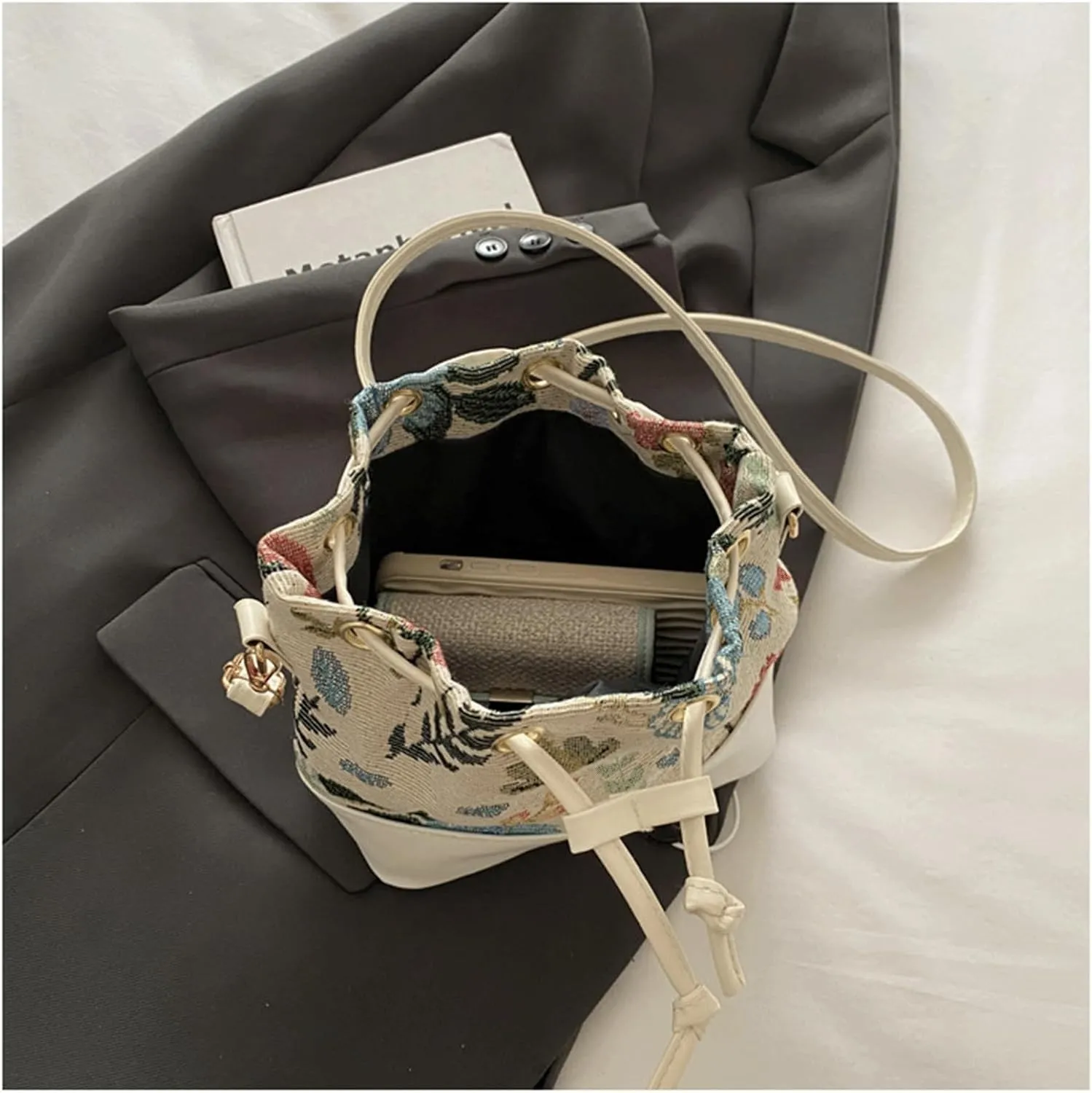 Mini Bucket Bag Vintage Floral Print Bucket Purse with Leather Drawstring Closure Purse Bag Small Crossbody Shoulder Handbag