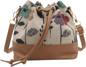Mini Bucket Bag Vintage Floral Print Bucket Purse with Leather Drawstring Closure Purse Bag Small Crossbody Shoulder Handbag